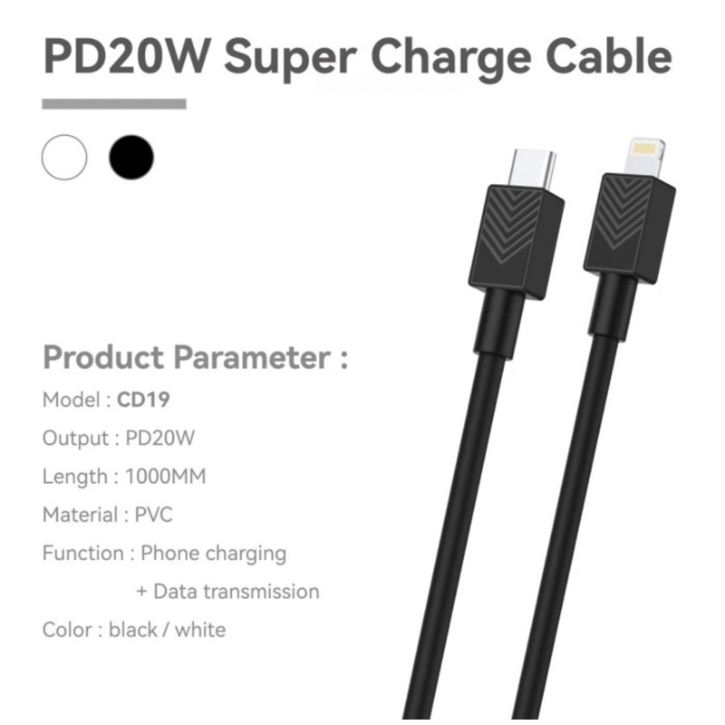 Kanel Data Lightning CD-19 - Kabel Data C to Lightning PINZY CD19 PD 20W Fast Charging