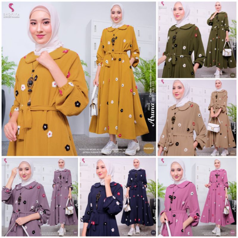Baju Gamis Midi Dress Wanita Jumbo Kekinian Terbaru - Aruna Midi Dress Original Shofiya Hijab