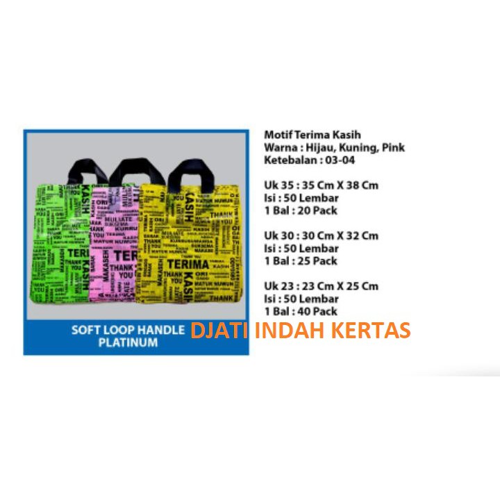 DISKON!!! TAS PLASTIK CENTEL MOTIF &quot;TERIMA KASIH&quot; ISI (50) SOFT LOOP HANDLE PLATINUM 23x35