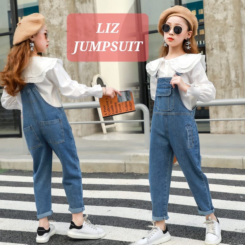 LIZ JUMPSUIT SET SETELAN OVERALL KEMEJA ANAK REWAJA CEWEK KOREA IMPORT JEANS DENIM