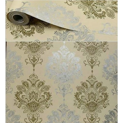 TOKO21GROSIR--WALLPAPER STICKER DINDING MOTIF BATIK SILVER GOLD