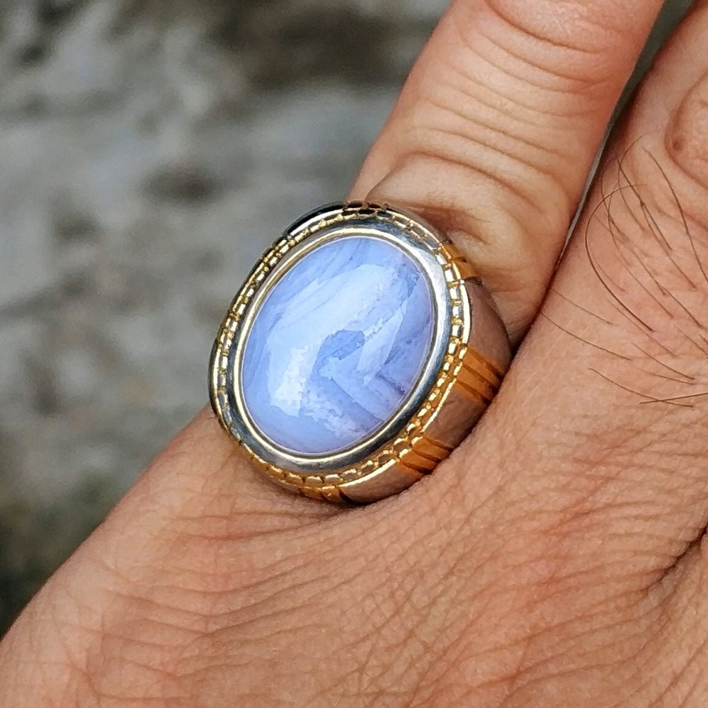 CINCIN BATU AKIK NATURAL BLUE LACE AGATE TITANIUM MINIMALIS