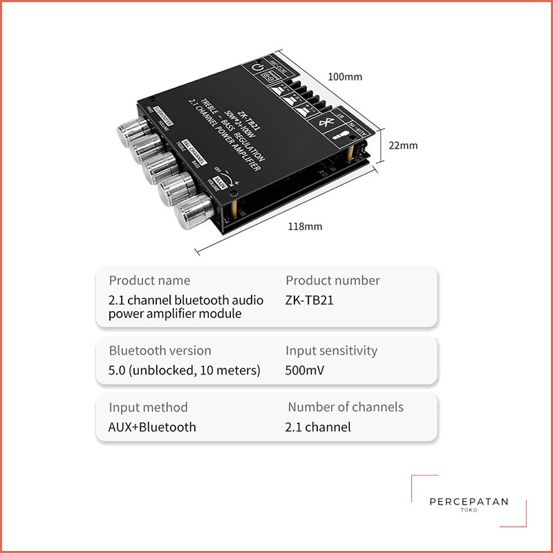 【ZK-TB21】Penyesuaian Tinggi dan Bass 2.1 Channel Bluetooth Modul Penguat Daya Digital Penuh【TPA3116D2】Dapat dihubungkan ke subwoofer yang kelebihan berat badan 50W*2+100W Amplifier