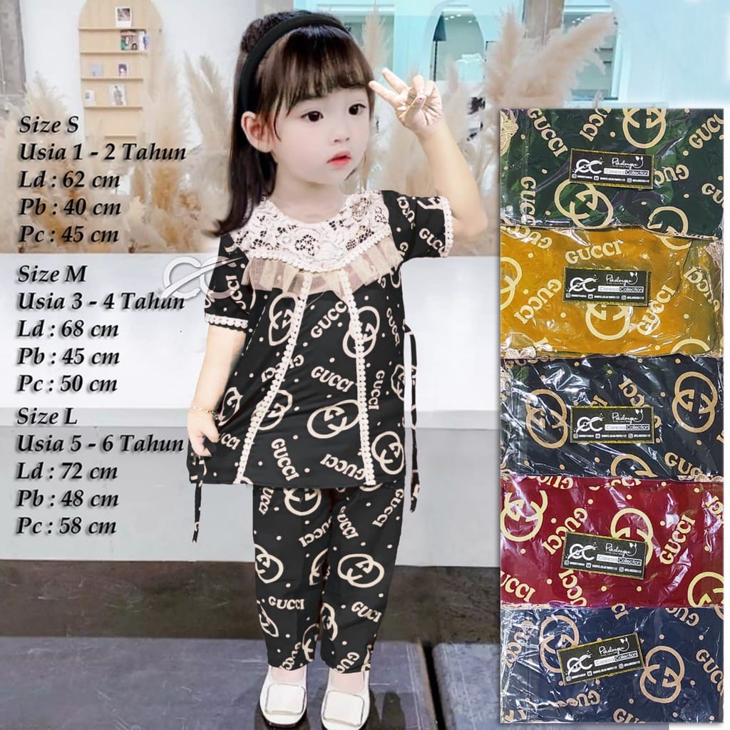 Setelan Anak Perempuan Renda Brokat Motif GC Pakaian Anak 1 - 6 Tahun One Set Tali Belakang