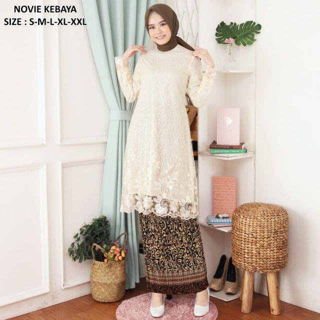 ( REALPICT ) Kebaya Tunik Tulle Bordir - Kebaya Novie Kebaya - Kebaya Modren - Set Kebaya Brukat-Cream