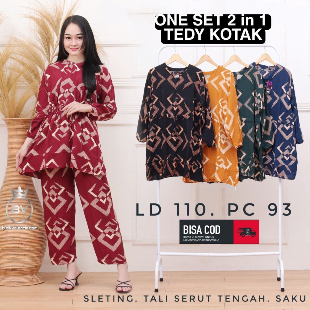 ONE SET 2 in 1 TEDY KOTAK  (ATASAN  + CELANA ) / SETELAN RAYON WANITA KEKINIAN / SET RAYON