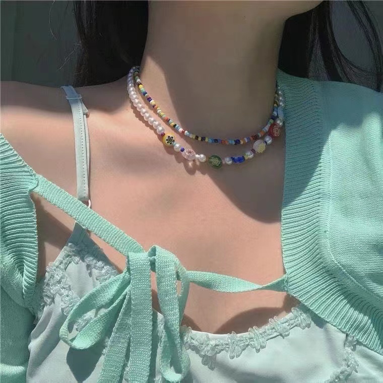 IFYOU Kalung Choker Rantai Manik-Manik Mutiara Warna-Warni Untuk Wanita