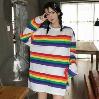 T Shirt Rainbow AA02 Long Sleeve Kaos  Pelangi  Korean Style 