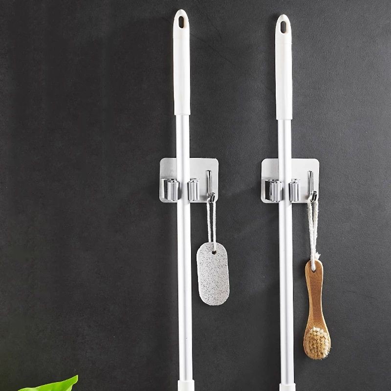 broom hanger with hook stainless steel/holder pegangan sapu dengan satu kait