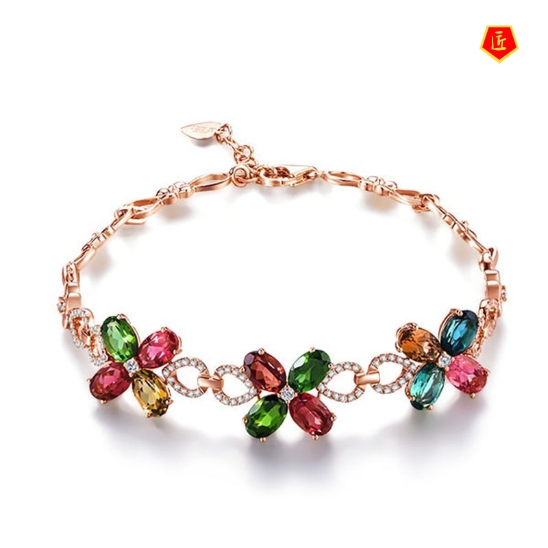 [Ready Stock]Fashionable Rose Gold Flower Colored Gems Bracelet