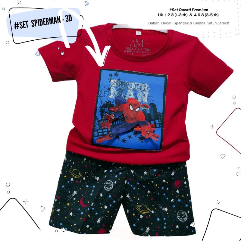 Setelan 3D anak laki-laki &quot;Spiderman 3D &quot; Size 1-5th bahan Ducati Katun Spandek Premium