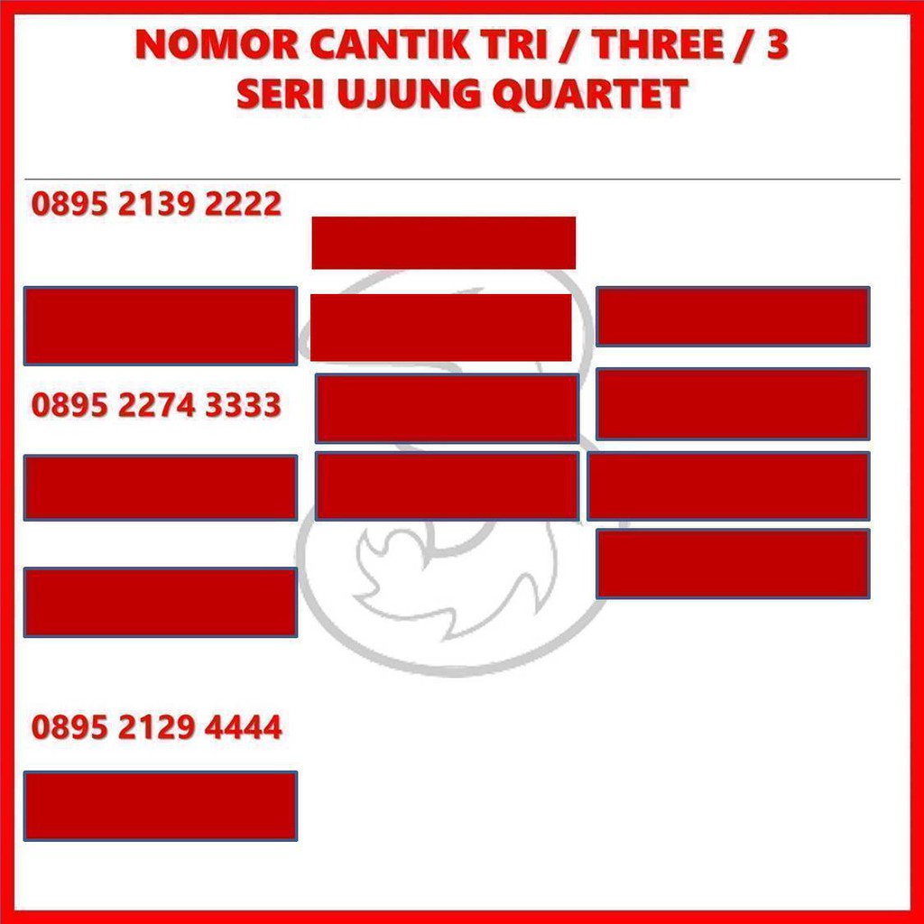 Kartu perdana nomer cantik Tri nomor 3 4G ready quartet ujung pilihan