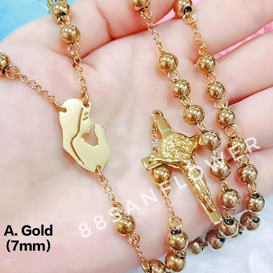 Quality Control✅ROSARIO TITANIUM GOLD SILVER Kalung Rosario Bunda Maria St Benedict Katolik Medali W