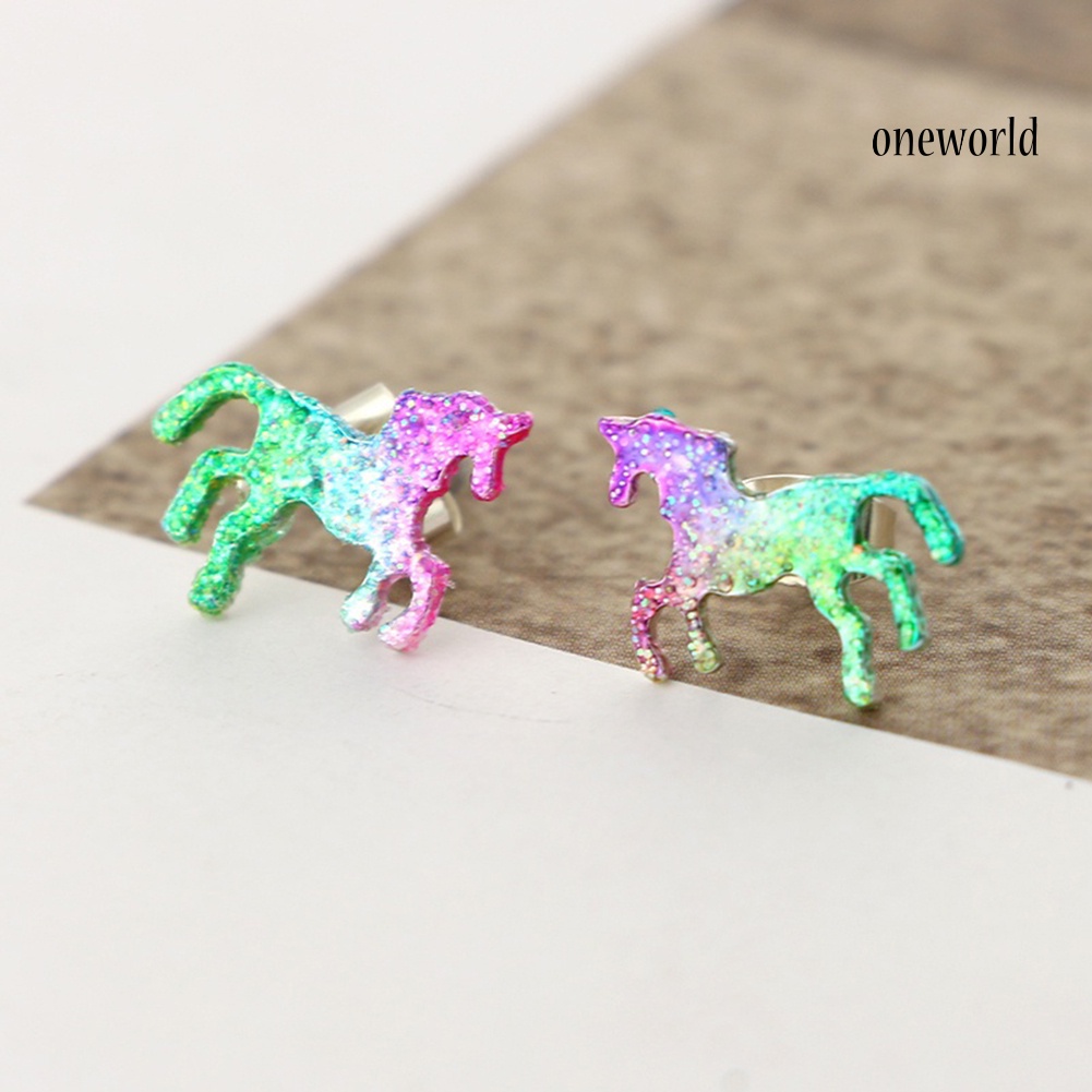 OW@ Colorful Unicorn Stud Earrings Shiny Horse Stud Earrings Women Charm Jewelry