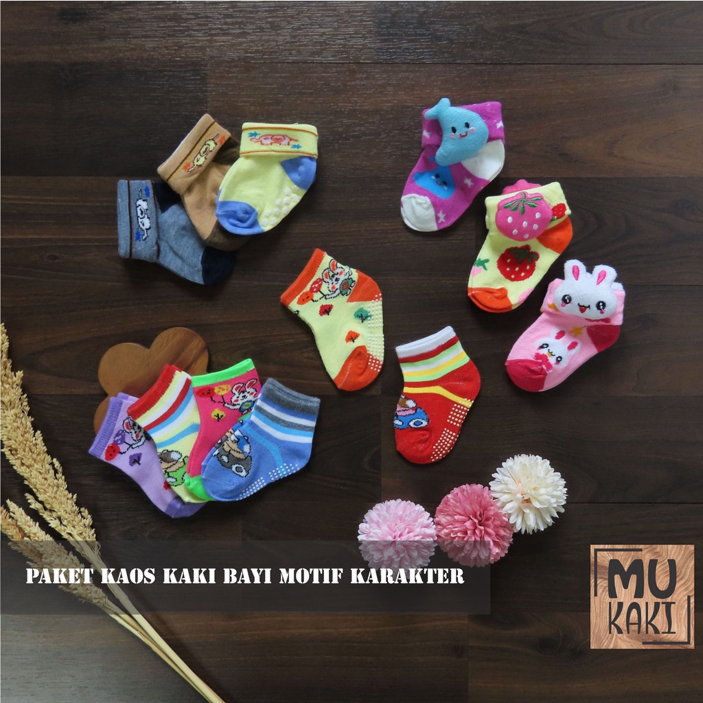 Paket Kaos Kaki Bayi Boneka Motif Karakter Mix 12pcs Mukaki