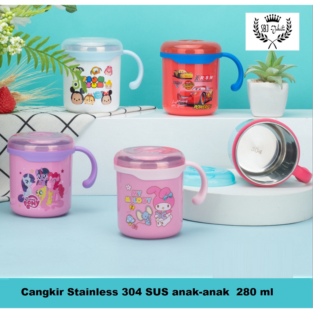 Cangkir Anak Gelas Mug Premium Stainless 304 Anti Bocor 280 ml Karakter Kartun Original