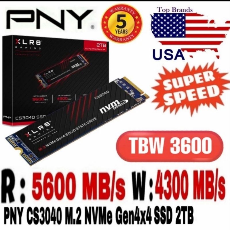 PNY NVME SSD 2TB M.2 PCIE GEN4X4 R 5600MB/s W 4300MB/s XLR8 CS3040