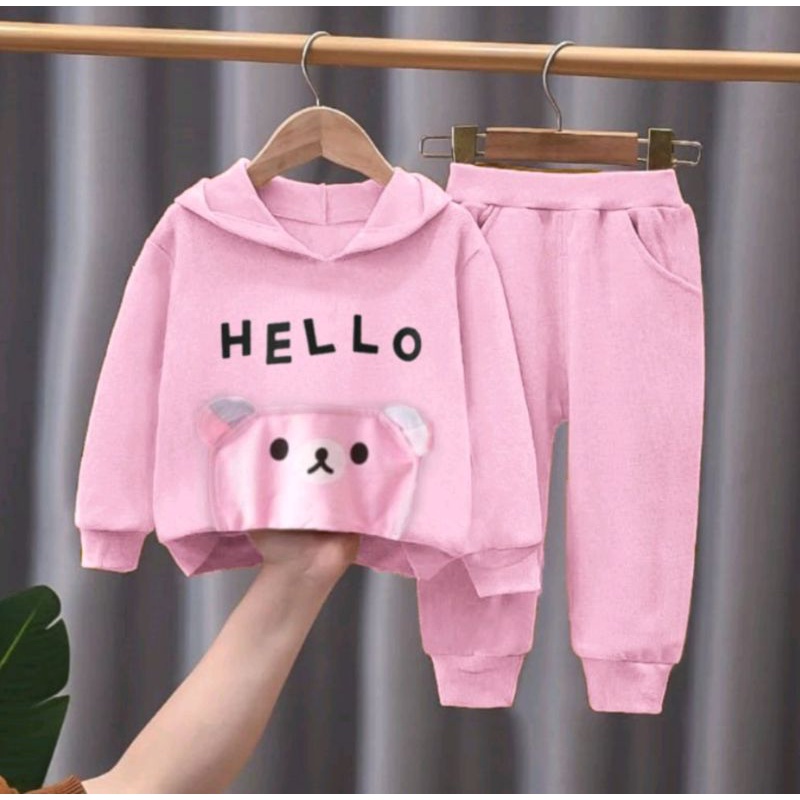 HOODIE SET| SETELAN SWEATER HOODIE HELLO ANAK PEREMPUAN UMUR 1-5 TAHUN