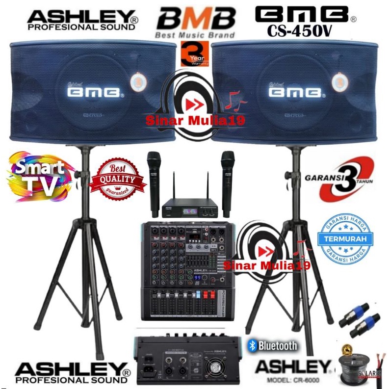 Paket Karaoke Speaker 10 inch BMB CS 450 V Original Power Mixer ASHLEY CR6000 Mic Wireless Eternity