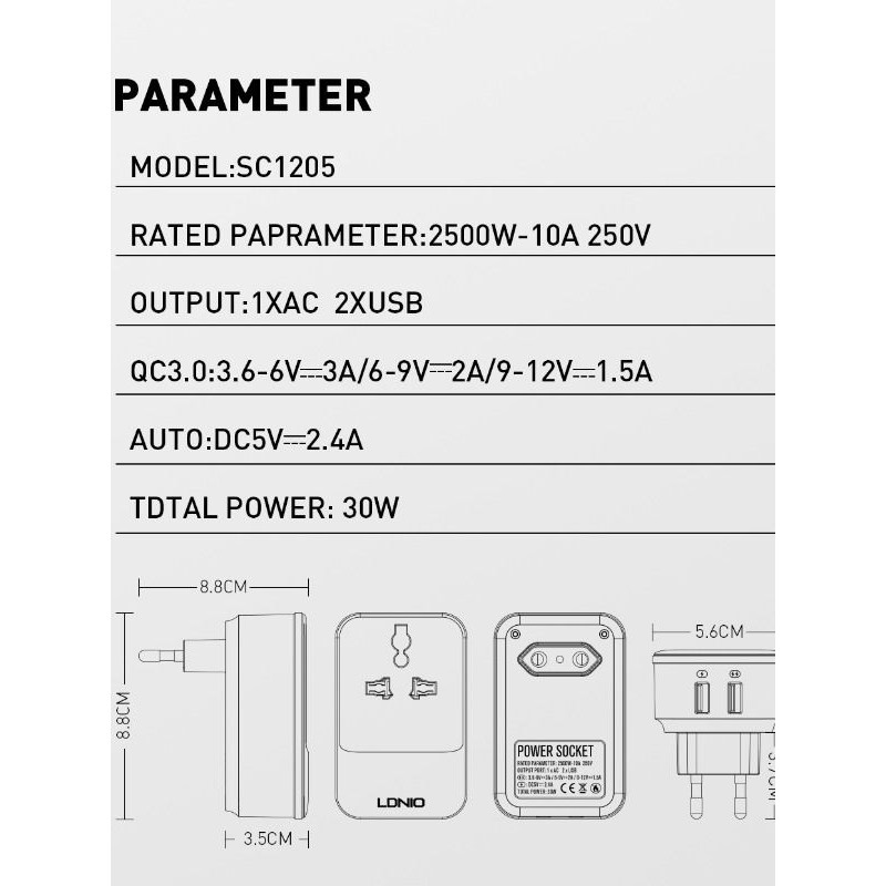 LDNIO SC1205 Wall Travel Fast Turbo Charger Dual USB Port with QC3.0