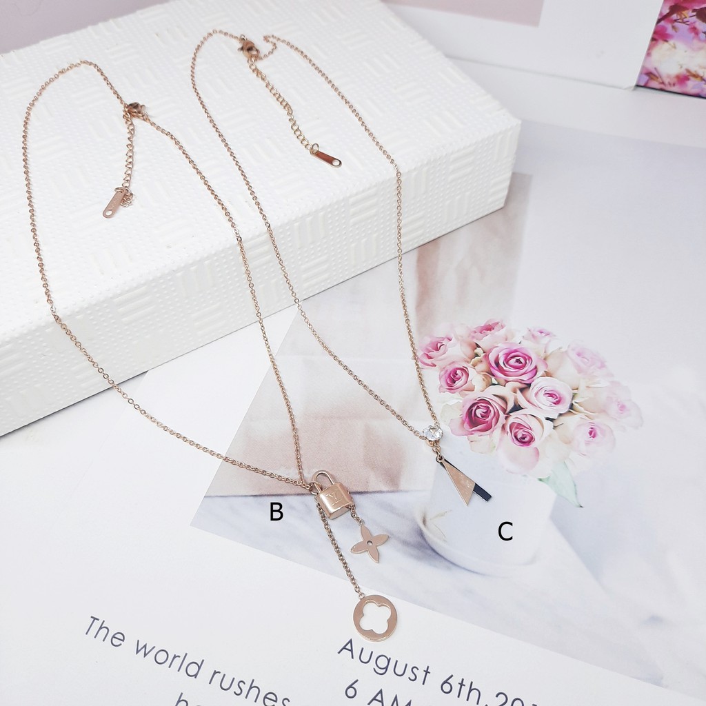 Perhiasan Kalung Titanium Korea Rosegold Love Batu Putih - BN319