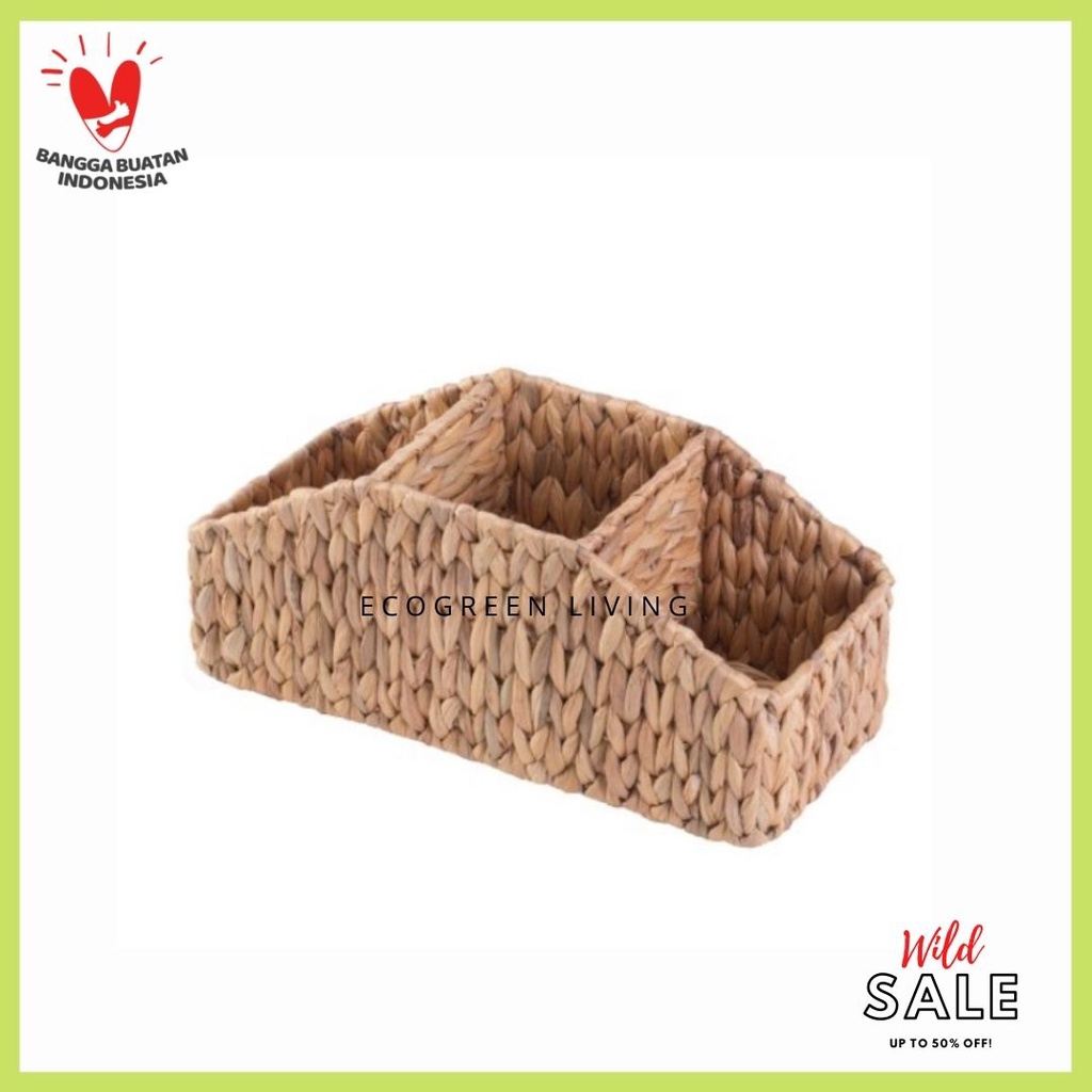 MULTIPURPOSE ORGANIZER  3-SECTION WICKER STORAGE WATER HYACINTH HANDMADE CODE BW-003