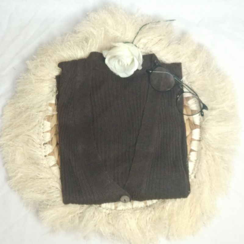 CARDIGAN RAJUT SALUR KANCING BATOK | Cardy Crop Rajut Wanita Oversize-K. BATOK COKLAT