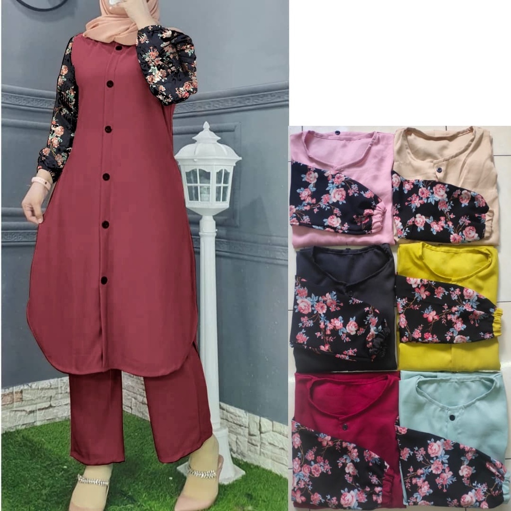 QUINNYSHOP-COD-US-SETELAN BAJU TUNIK DAN CELANA WANITA MUSLIM-SET MUSLIMAH-STELAN HIJAB-SET LEBARAN 