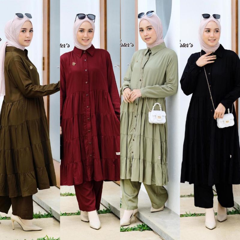 Hijab Sisters Della One Set Rayon Twill Premium Setelan Long Tunik Jumbo SetCel LD 110 Busui Friendl