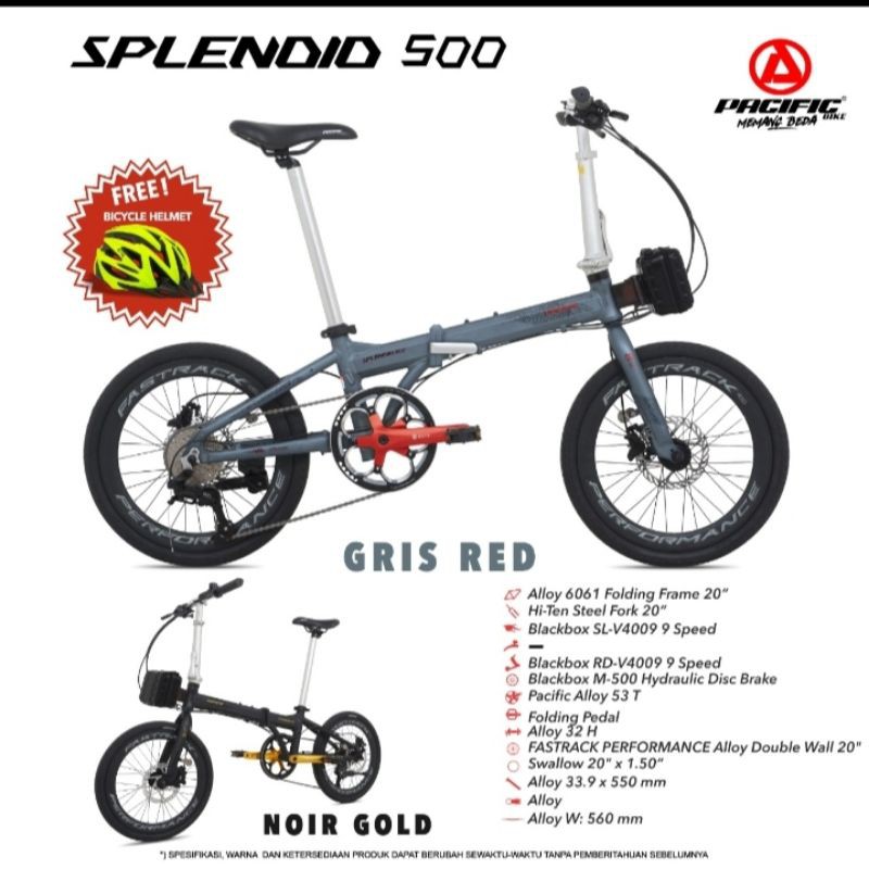 Sepeda Lipat 20" PACIFIC SPLENDID 500 ALLOY 9 Speed Free Helm +Tas ORI