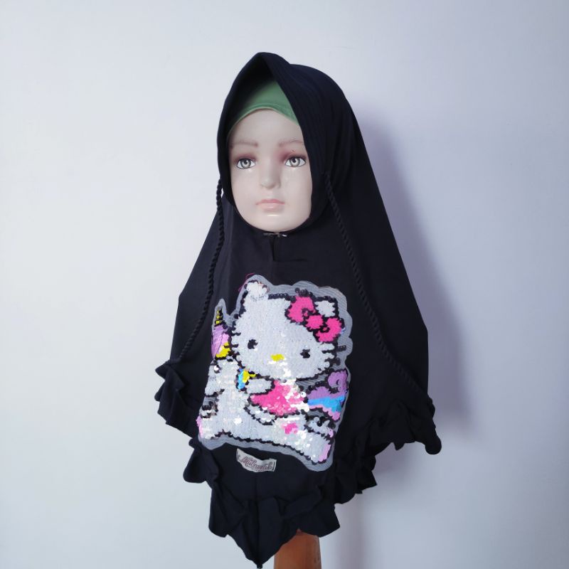 Jilbab Anak Hellokitty 4 5 6 7 8 tahun rempel fanta merah hitam ( jilbab  HK rumpa )