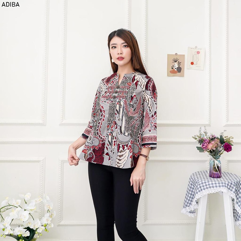 Evercloth Adiba Blouse Wanita Atasan Wanita Blouse Batik Wanita Lengan Panjang Atasan Batik Wanita 3/4 Koin Kancing Batik Couple Set Family Sarimbit Abu Grey Silver