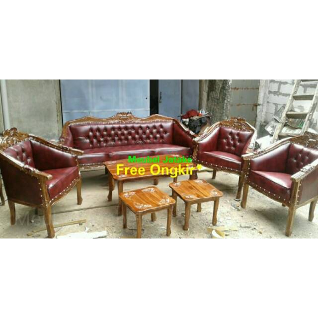 Kursi Tamu Jati Louis Bolong 3111 Merah Marun + Meja Besar + Meja Kecil 2 Sofa Jepara