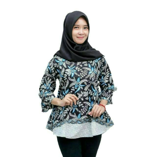 Mall Grosir Blouse Atasan Batik Lonceng Motif Kembang Langit Diskon Murah Blarak Biru Nirmala Pancal