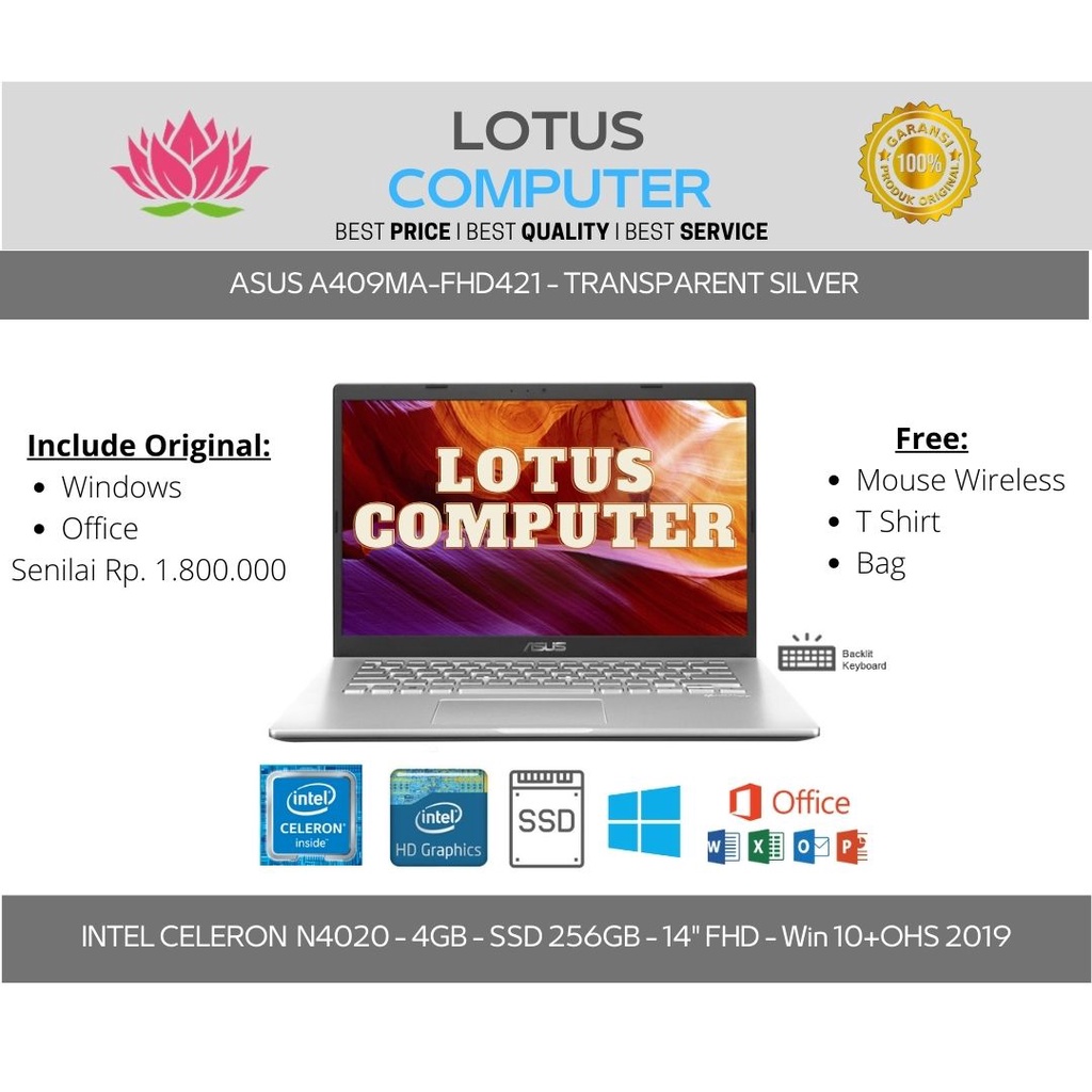 ASUS A409MA-FHD421/Celeron N4020/4GB/256GB/14"FHD/Win 10/Silver