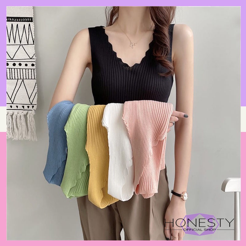 Honesty 145 Pakaian Atasan Wanita Tanpa Lengan Tanktop Korean VNeck Rajut Import