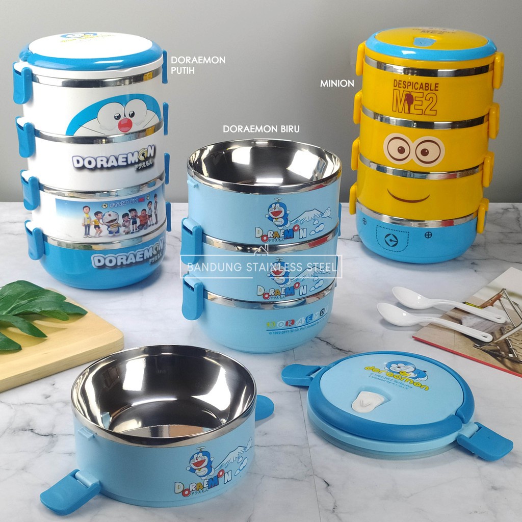 Rantang lucu 4 susun stainless steel lunch box karakter riilakuma Doraemon Hello kitty