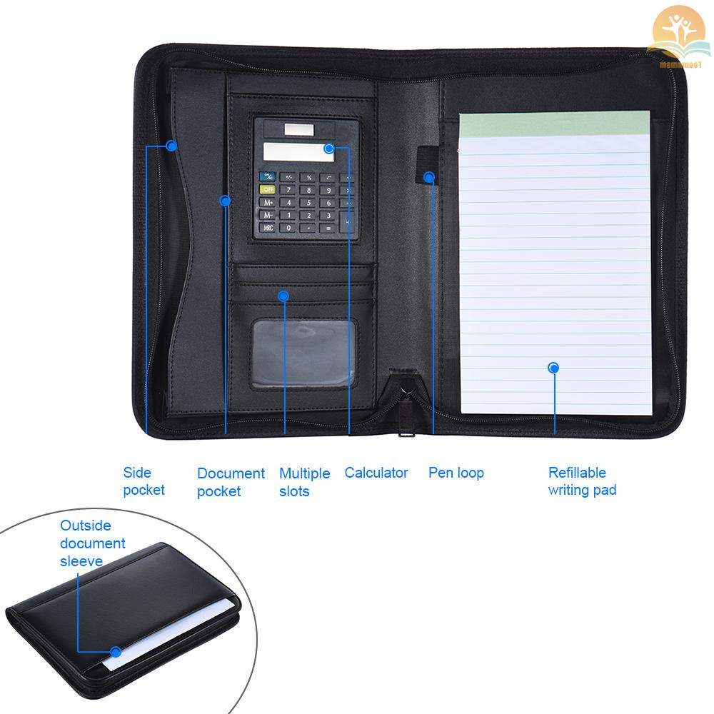 Portable Professional Business Portfolio Padfolio Folder Document Case Organizer A5 PU Leather Zippered Closure with Calculator Card Holder Memo Note Writing Pad