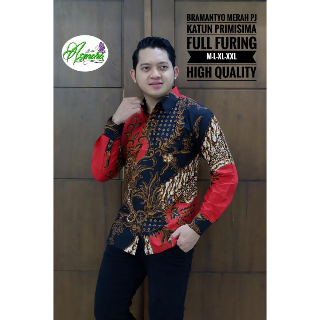 Atasan Kemeja Baju Batik Pria Lengan Panjang PREMIUM Modern LAPIS FURING BRAMANTYO MERAH ASMARA