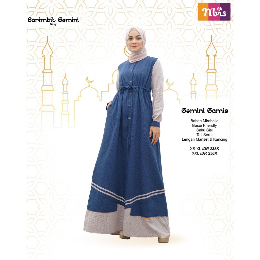 NIBRAS SARIMBIT GEMINI NAVY BAHAN MIRABELLA BAJU SERAGAM LEBARAN KELUARGA MUSLIMAH