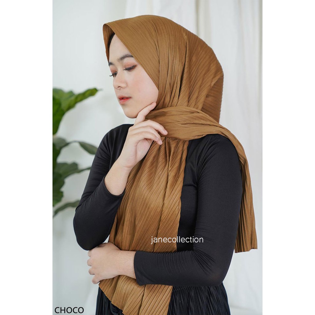 JANE COLLECTION || Hijab Jilbab Kerudung Plisket Muslim Pasmina Mirip Jilbab Instant 160x51 [ Hitam Choco Coklat Susu Coksu Milo Abu Abu ] - Pashmina Plisket Zeline