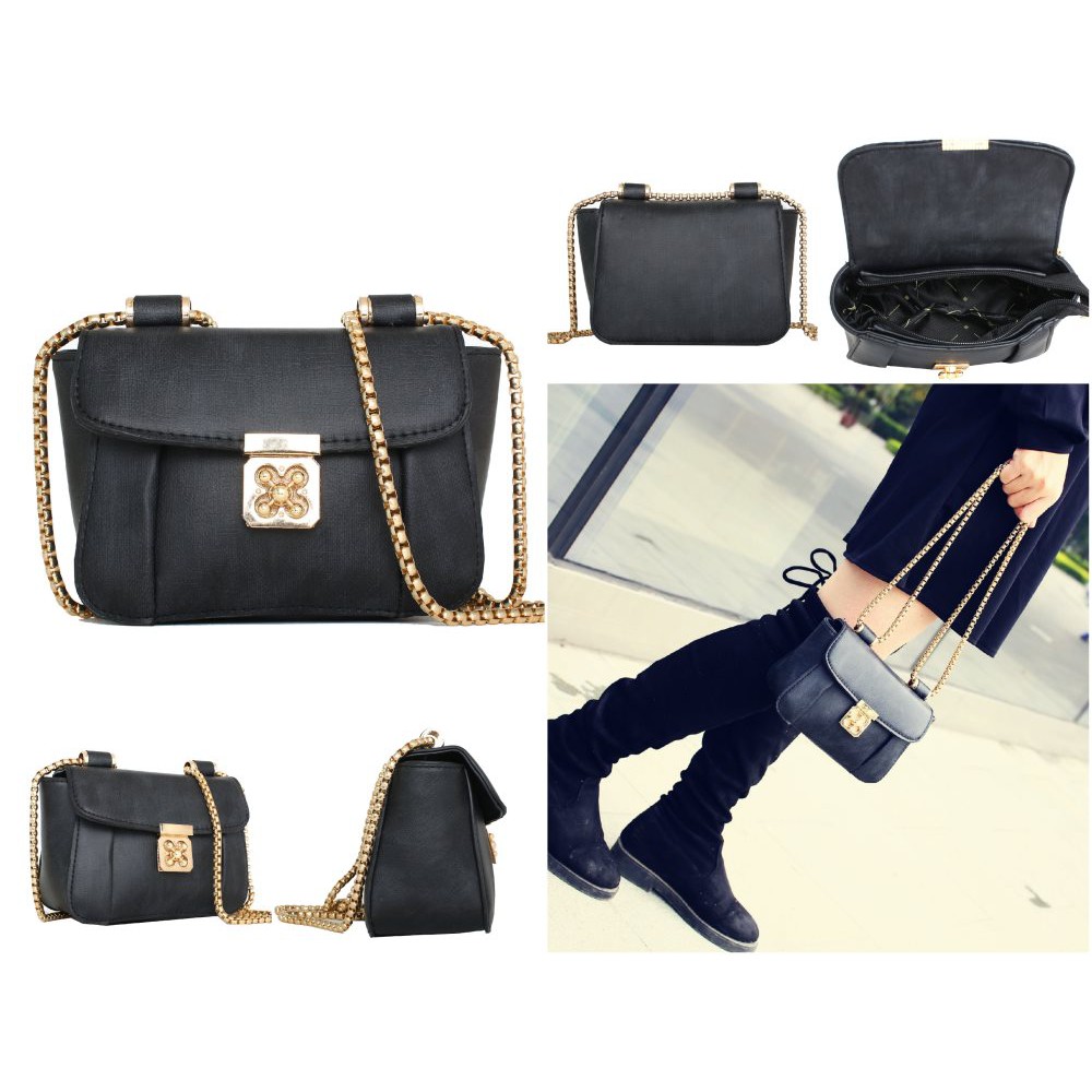 TAS  HITAM KOREA MODIS SLEMPANG HOBO WANITA REAL PIC PESTA RANTAI EMAS