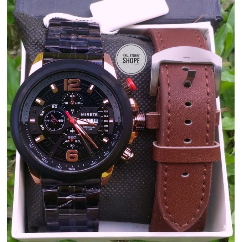 (BEST SELLER) Jam Tangan Mirete Sport Original Tanggal Hari Aktif Free  Tali Kulit | Jam Tangan Pria Analog Mirete Original | Jam Tangan Kasual Analog Stral Stainles Steel Tahan Air Free Box , FREE TALI kulit _ JAM Tangan Pria Mirete