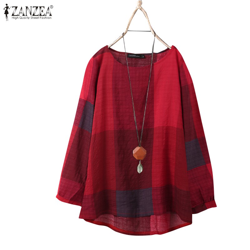 ZANZEA Women O Neck Long Sleeve Plaid Printed Vintage Blouse