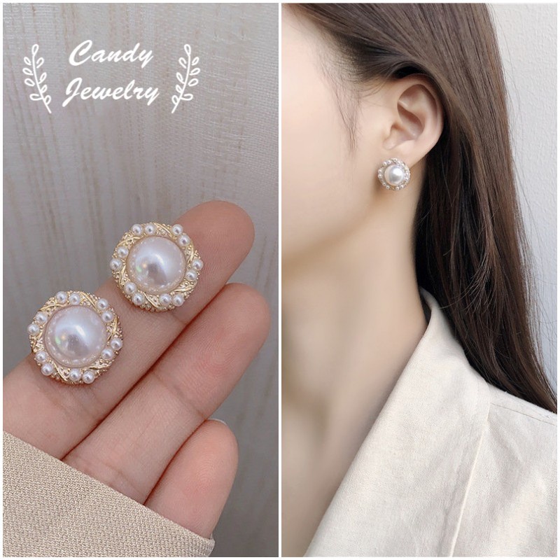 Anting Stud Bentuk Lingkaran Geometris Aksen Mutiara Bahan S925 Warna Permen Untuk Wanita