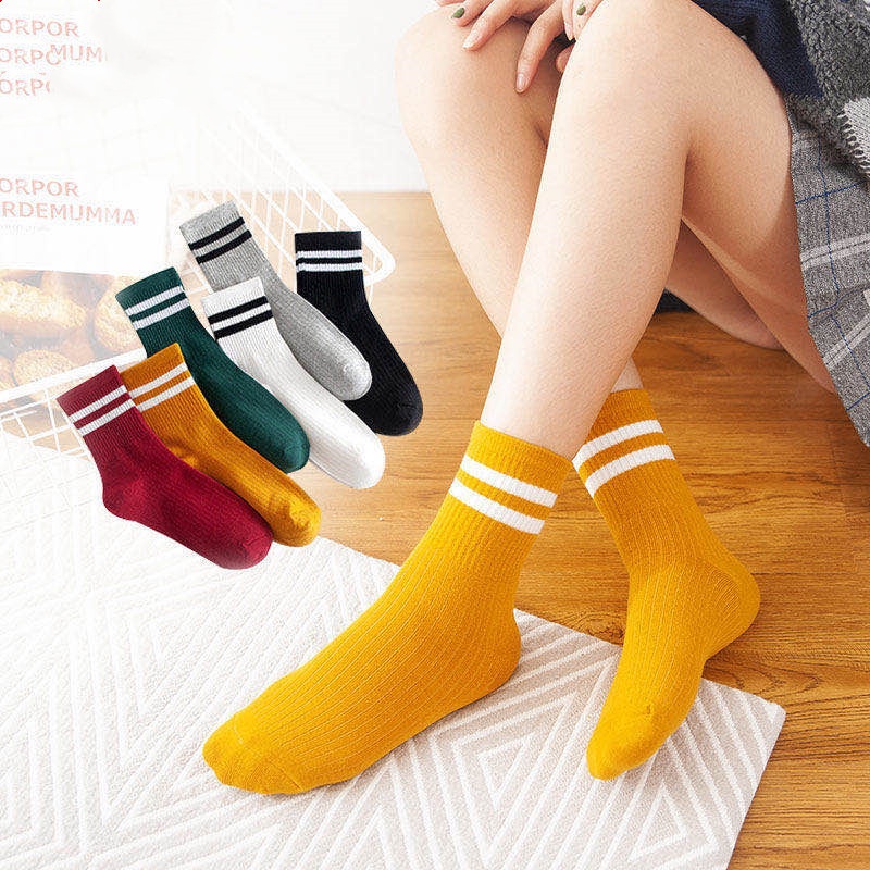❀ Chingu ❀ KK006 Kaos Kaki (Tanpa Kemasan) Wanita Panjang Diatas Mata Kaki Motif Garis Olahraga Fashion Korea Women Sock Import Murah