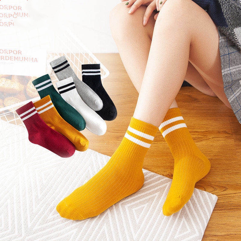 𝗘𝗕𝗦 ✅ KK006 Kaos Kaki (Tanpa Kemasan) Wanita Panjang Diatas Mata Kaki Motif Garis Olahraga Fashion Korea Women Sock Import Murah