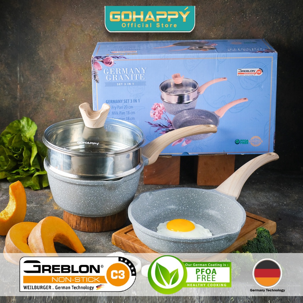 GERMANY GRANITE PAN Set 3 in 1 Gohappy Panci Asli Greblon GHG93 fry pan 20c m and milk pan+ steamer