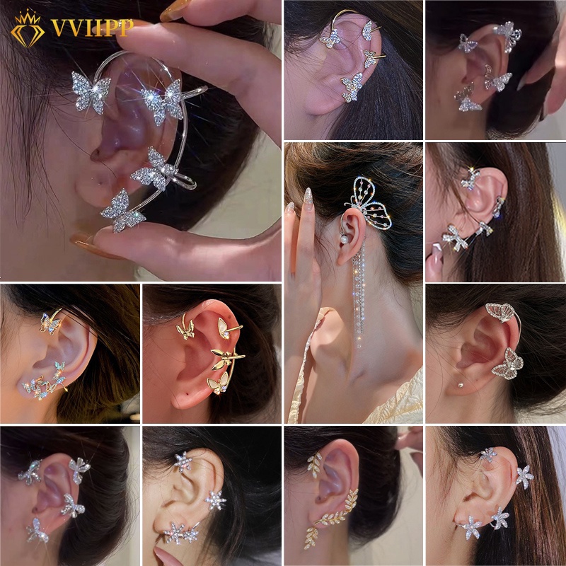 Elegant Crystal Ear Clip Butterfly Tassel Earrings for Women Shining Bowknot Flower Ear Accessories Jewelry