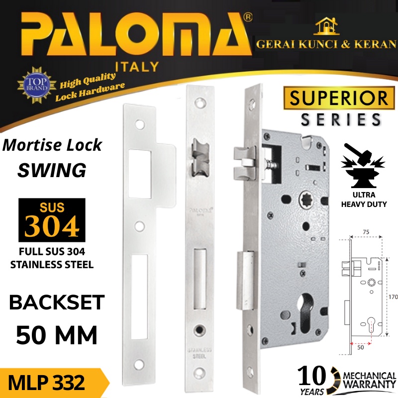 BODY KUNCI PINTU PALOMA SWING MLP 332 STAINLESS  SUPERIOR 50 MM MORTISE LOCK SWING